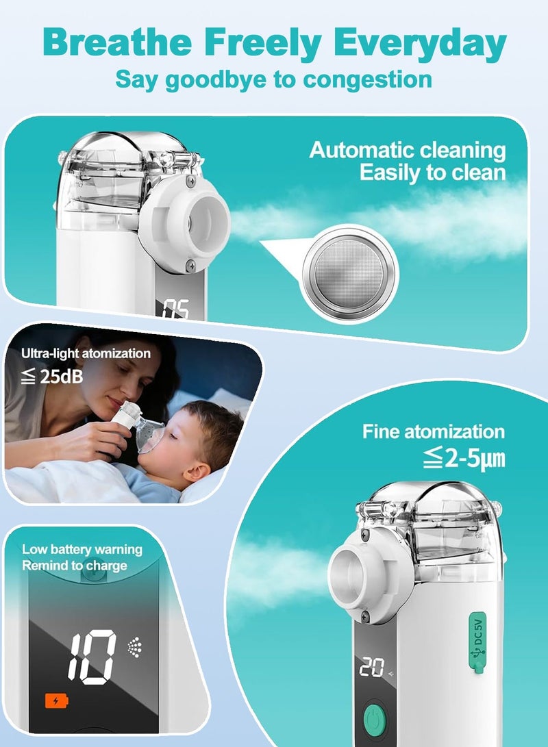 مساحة باردة جهاز استنشاق محمول، جهاز تبخير بالموجات فوق الصوتية صغير مع وضع التنظيف الذاتي ومخرج رذاذ قابل للتعديل، يتضمن أقنعة وقطع فم، جهاز استنشاق محمول قابل لإعادة الشحن عبر USB للبالغين والأطفال، مثالي للاستخدام المنزلي وأثناء السفر - Image 2